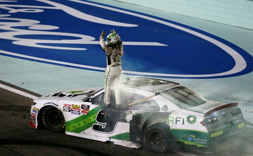 HOMESTEAD, FL - NOVEMBER 17:  Tyler Reddick, driver of the #9 BurgerFi Chevrolet, celebrates after winning the NASCAR Xfinity Series Ford EcoBoost 300 and the NASCAR Xfinity Series Championship at Homestead-Miami Speedway on November 17, 2018 in Homestead, Florida.  (Photo by Sean Gardner/Getty Images) | Getty Images