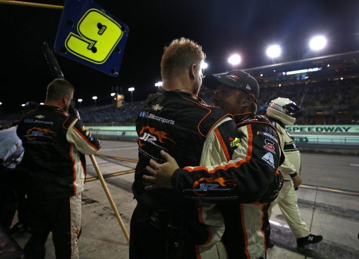 HOMESTEAD, FL - NOVEMBER 17:  Crew members for Tyler Reddick, driver of the #9 BurgerFi Chevrolet, celebrate after winning the NASCAR Xfinity Series Ford EcoBoost 300 at Homestead-Miami Speedway on November 17, 2018 in Homestead, Florida.  (Photo by Matt Sullivan/Getty Images) | Getty Images