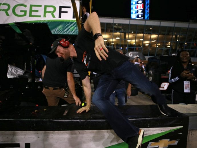 HOMESTEAD, FL - NOVEMBER 17:  Team owner Dale Earnhardt Jr. celebrates after Tyler Reddick, driver of the #9 BurgerFi Chevrolet, wins the NASCAR Xfinity Series Ford EcoBoost 300 at Homestead-Miami Speedway on November 17, 2018 in Homestead, Florida.  (Photo by Matt Sullivan/Getty Images) | Getty Images