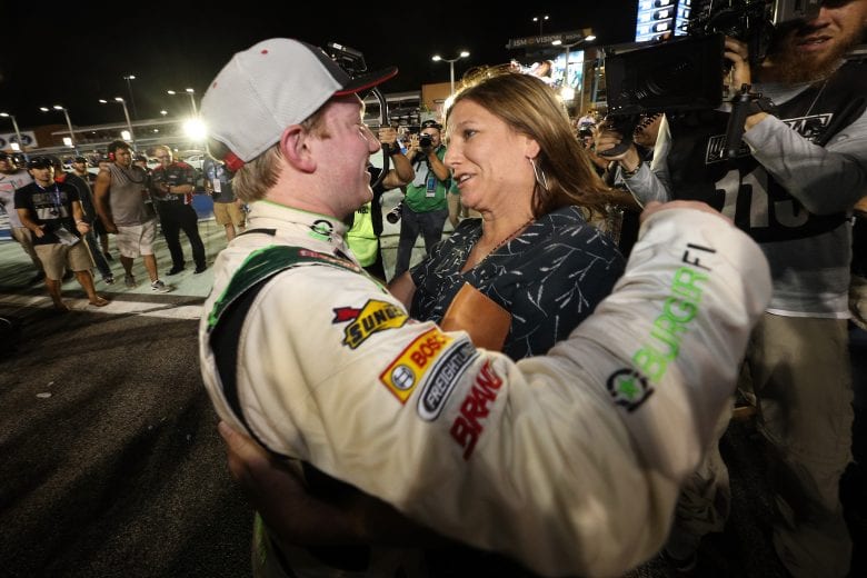 HOMESTEAD, FL - NOVEMBER 17:  Tyler Reddick, driver of the #9 BurgerFi Chevrolet, celebrates with Kelley Earnhardt Miller in Victory Lane after winning the NASCAR Xfinity Series Ford EcoBoost 300 at Homestead-Miami Speedway on November 17, 2018 in Homestead, Florida.  (Photo by Chris Graythen/Getty Images) | Getty Images