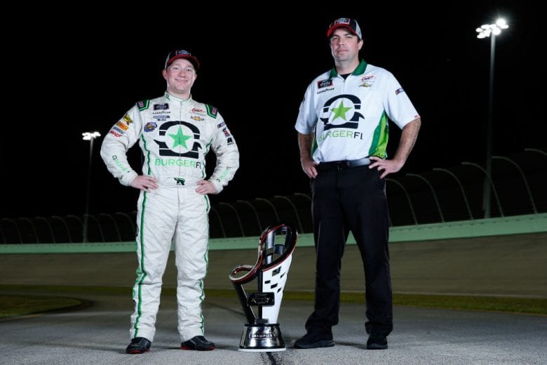 HOMESTEAD, FL - NOVEMBER 17:  Tyler Reddick, driver of the #9 BurgerFi Chevrolet and crew chief David Elenz pose for a photo after winning the NASCAR Xfinity Series Ford EcoBoost 300 and the NASCAR Xfinity Series Championship at Homestead-Miami Speedway on November 17, 2018 in Homestead, Florida.  (Photo by Brian Lawdermilk/Getty Images) | Getty Images