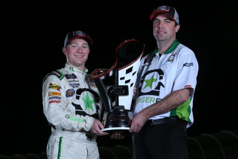 HOMESTEAD, FL - NOVEMBER 17:  Tyler Reddick, driver of the #9 BurgerFi Chevrolet and crew chief David Elenz pose for a photo after winning the NASCAR Xfinity Series Ford EcoBoost 300 and the NASCAR Xfinity Series Championship at Homestead-Miami Speedway on November 17, 2018 in Homestead, Florida.  (Photo by Brian Lawdermilk/Getty Images) | Getty Images