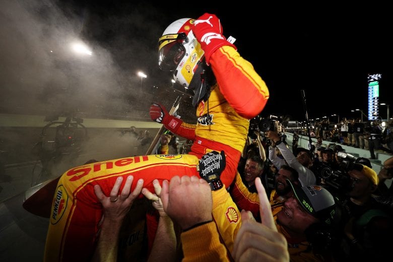 HOMESTEAD, FL - NOVEMBER 18:  Joey Logano, driver of the #22 Shell Pennzoil Ford, celebrates after winning the Monster Energy NASCAR Cup Series Ford EcoBoost 400 and the Monster Energy NASCAR Cup Series Championship at Homestead-Miami Speedway on November 18, 2018 in Homestead, Florida.  (Photo by Chris Graythen/Getty Images) | Getty Images