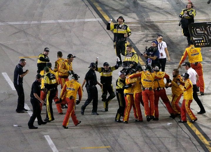 HOMESTEAD, FL - NOVEMBER 18:  The crew of Joey Logano, driver of the #22 Shell Pennzoil Ford, celebrates after winning the Monster Energy NASCAR Cup Series Ford EcoBoost 400 and the Monster Energy NASCAR Cup Series Championship at Homestead-Miami Speedway on November 18, 2018 in Homestead, Florida.  (Photo by Brian Lawdermilk/Getty Images) | Getty Images