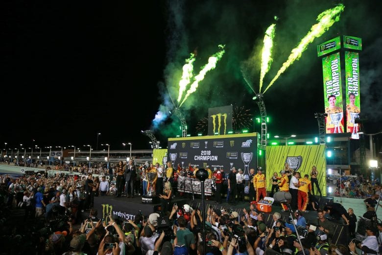 HOMESTEAD, FL - NOVEMBER 18:  Joey Logano, driver of the #22 Shell Pennzoil Ford, celebrates in victory lane after winning the Monster Energy NASCAR Cup Series Ford EcoBoost 400 and the Monster Energy NASCAR Cup Series Championship at Homestead-Miami Speedway on November 18, 2018 in Homestead, Florida.  (Photo by Matt Sullivan/Getty Images) | Getty Images