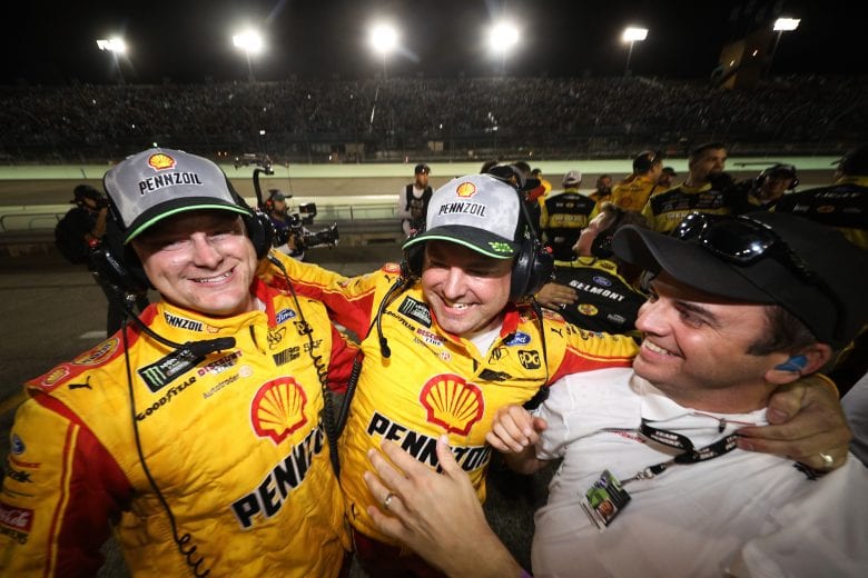 HOMESTEAD, FL - NOVEMBER 18:  Crew members of Joey Logano, driver of the #22 Shell Pennzoil Ford, celebrate after winning the Monster Energy NASCAR Cup Series Ford EcoBoost 400 at Homestead-Miami Speedway on November 18, 2018 in Homestead, Florida.  (Photo by Chris Graythen/Getty Images) | Getty Images