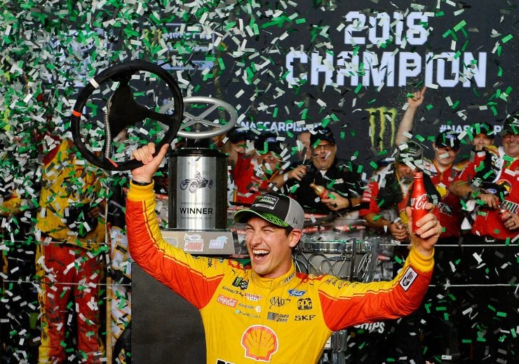 HOMESTEAD, FL - NOVEMBER 18:  Joey Logano, driver of the #22 Shell Pennzoil Ford, celebrates in victory lane after winning the Monster Energy NASCAR Cup Series Ford EcoBoost 400 and the Monster Energy NASCAR Cup Series Championship at Homestead-Miami Speedway on November 18, 2018 in Homestead, Florida.  (Photo by Robert Laberge/Getty Images) | Getty Images