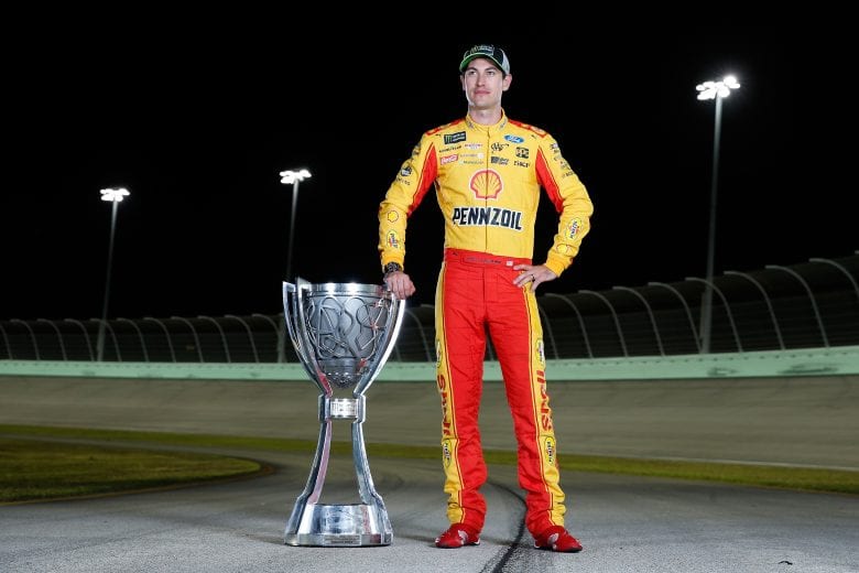 HOMESTEAD, FL - NOVEMBER 18:  Joey Logano, driver of the #22 Shell Pennzoil Ford, poses for a photo after winning the Monster Energy NASCAR Cup Series Ford EcoBoost 400 and the Monster Energy NASCAR Cup Series Championship at Homestead-Miami Speedway on November 18, 2018 in Homestead, Florida.  (Photo by Brian Lawdermilk/Getty Images) | Getty Images