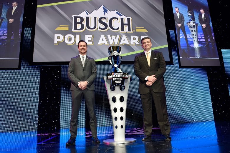 Kurt Busch receives the Busch Pole Award at the NMPA Myers Brothers Awards ceremony in Las Vegas.