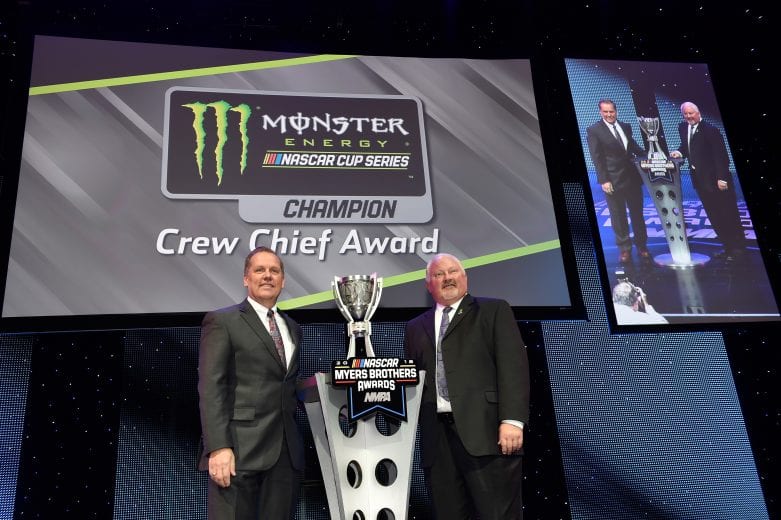No. 22 Team Penske crew chief Todd Gordon receives the Crew Chief Award at the NMPA Myers Brothers Awards ceremony in Las Vegas.