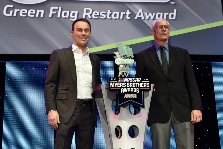 LAS VEGAS, NV - NOVEMBER 28: Kevin Harvick driver of the No. 4 Stewart-Haas Racing Ford accepts the American Ethanol Green Flag Restart Award during the NASCAR NMPA Myers Brothers Awards at the Wynn Las Vegas on November 28, 2018 in Las Vegas, Nevada. (Photo by David Becker/Getty Images) | Getty Images
