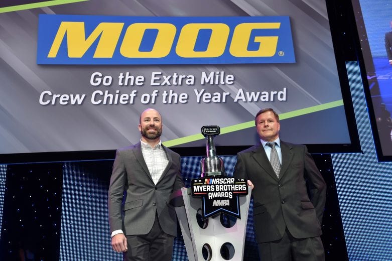 LAS VEGAS, NV - NOVEMBER 28: Adam Stevens, crew chief of the No. 18 Joe Gibbs Racing team accepts thye MOOG Go the Extra Mile Crew Chief of the Year Award during the NASCAR NMPA Myers Brothers Awards at the Wynn Las Vegas on November 28, 2018 in Las Vegas, Nevada. (Photo by David Becker/Getty Images) | Getty Images