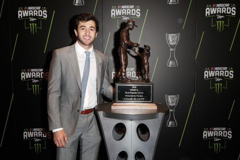 LAS VEGAS, NV - NOVEMBER 29: Chase Elliott poses with his most popular driver award during the Monster Energy NASCAR Cup Series Awards Celebration at the Wynn Las Vegas on November 29, 2018 in Las Vegas, Nevada. (Photo by Chris Graythen/Getty Images) | Getty Images