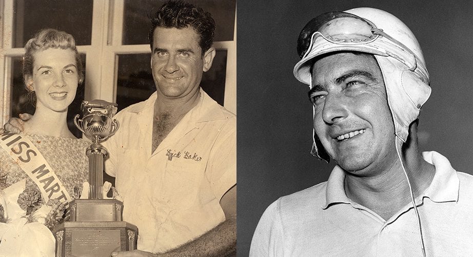 MARTINSVILLE, VA - MAY 19, 1957: Buck Baker accepts his trophy from Miss Martinsville Speedway after conquering the Virginia 500 in 1957 in a Chevrolet, ending a winning streak by Ford on May 19, 1957 in Martinsville, Virginia. (Photo by ISC Archives via Getty Images)