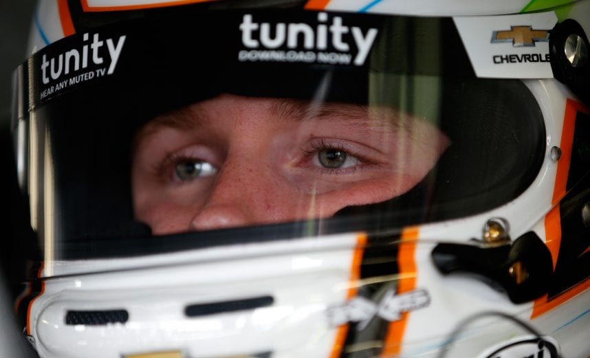 With his helmet on, Matt Tifft gets ready to hit the race track.