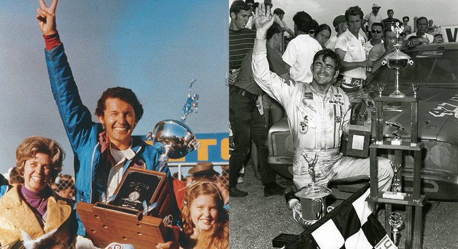 TALLADEGA, AL - AUGUST 22, 1971: Bobby Allison celebrates in victory lane after driving his Holman-Moody Mercury Cyclone to victory in the Talladega 500 NASCAR Cup race on August 22, 1971 at the Alabama International Motor Speedway in Talladega, Alabama. (Photo by ISC Images