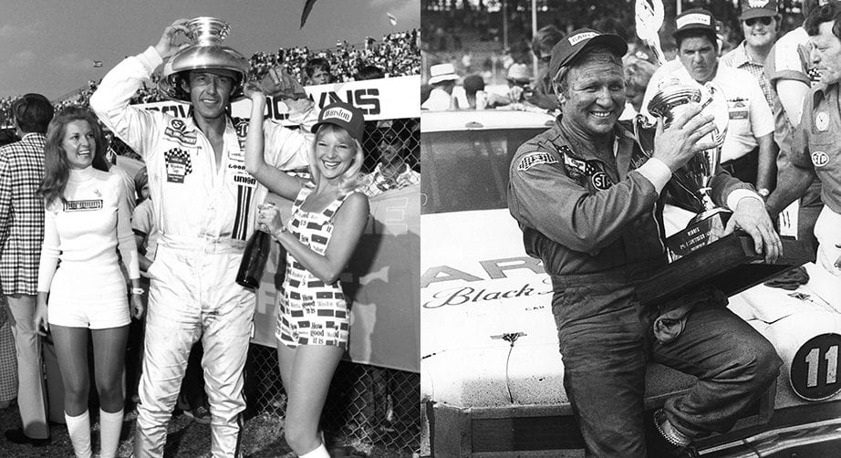 DARLINGTON, SC — September 2, 1974: Cale Yarborough holds his trophy in victory lane at Darlington Raceway after winning the Southern 500 NASCAR Cup race. (Photo by ISC Images