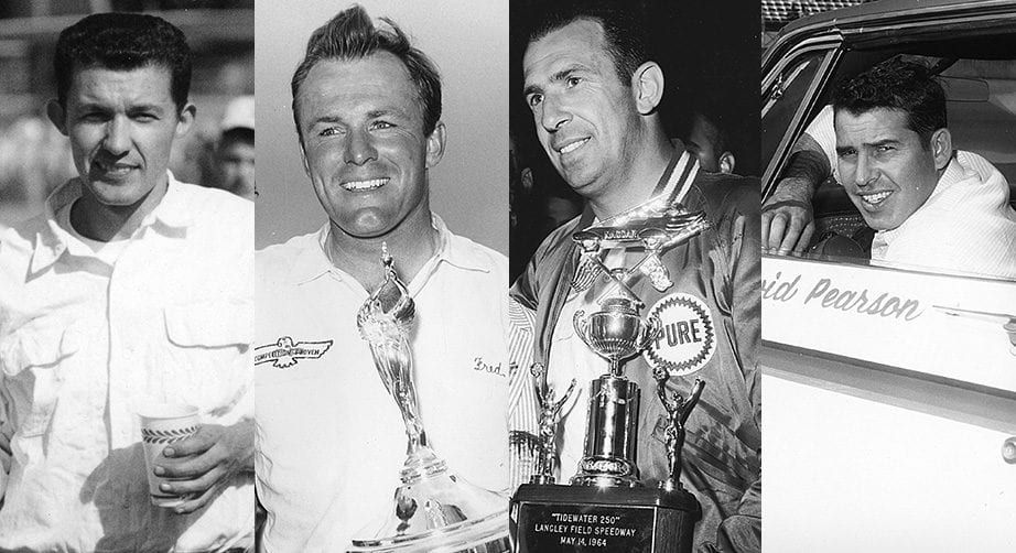 UNKNOWN — 1960s: Fred Lorenzen holds his trophy in victory lane after one of his 26 NASCAR Cup wins, as his crew chief Herb Nab (R) looks on. (Photo by ISC Images