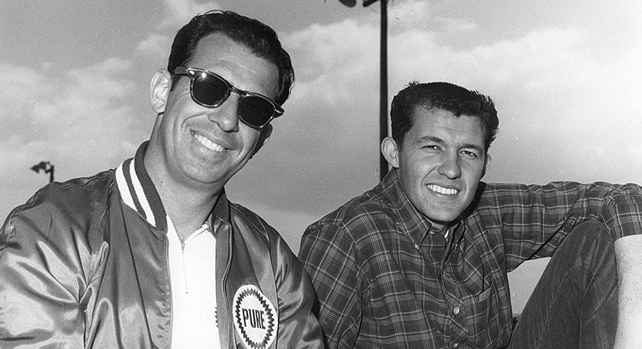 UNKNOWN — 1963: Drivers Ned Jarrett (L) and Richard Petty (R) smile for the camera at a NASCAR Cup race. Together, the two combined to win 22 of the 55 races on the Cup schedule. (Photo by ISC Images