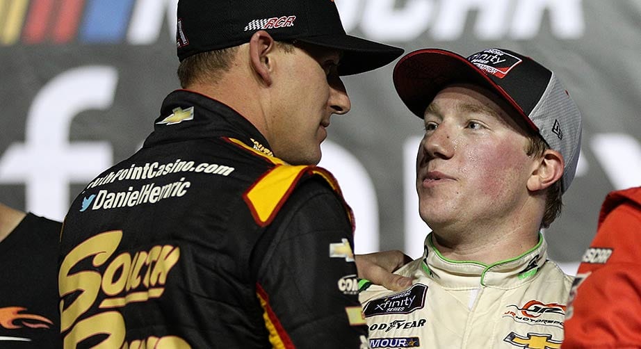 Daniel Hemric congratulates Tyler Reddick on the 2018 Xfinity Series championship.