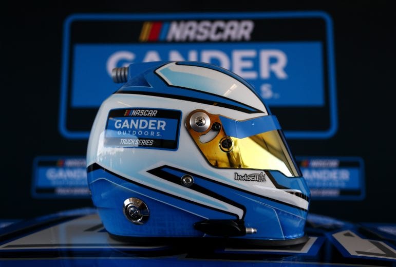 LONG POND, PA - JULY 29:  A detailed view of the NASCAR Gander Outdoors Truck Series logo and helmet as it was announced that Gander Outdoors will sponsor the series in 2019 prior to the Monster Energy NASCAR Cup Series Gander Outdoors 400 at Pocono Raceway on July 29, 2018 in Long Pond, Pennsylvania.  (Photo by Sarah Crabill/Getty Images) | Getty Images