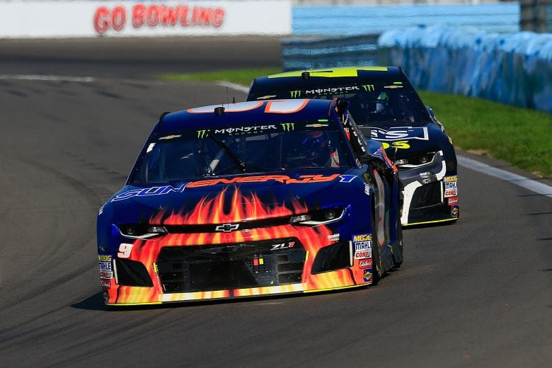 WATKINS GLEN, NY - AUGUST 05: Chase Elliott, driver of the #9 SunEnergy1 Chevrolet, receives a push from teammate Jimmie Johnson, driver of the #48 Lowe's for Pros Chevrolet, after running out of fuel on the cool down lap following his victory in the Monster Energy NASCAR Cup Series GoBowling at The Glen at Watkins Glen International on August 5, 2018 in Watkins Glen, New York. (Photo by Chris Trotman/Getty Images) | Getty Images