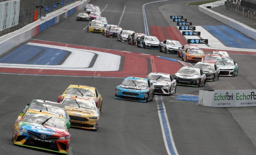 CHARLOTTE, NC - SEPTEMBER 30: Kyle Busch, driver of the #18 M&M's Toyota, leads a pack of cars during the Monster Energy NASCAR Cup Series Bank of America Roval 400 at Charlotte Motor Speedway on September 30, 2018 in Charlotte, North Carolina. (Photo by Jonathan Ferrey/Getty Images) | Getty Images