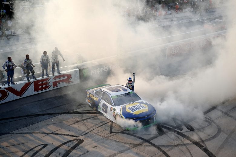 DOVER, DE - OCTOBER 07: Chase Elliott, driver of the #9 NAPA Auto Parts Chevrolet, celebrates winning the Monster Energy NASCAR Cup Series Gander Outdoors 400 at Dover International Speedway on October 7, 2018 in Dover, Delaware. (Photo by Chris Trotman/Getty Images) | Getty Images