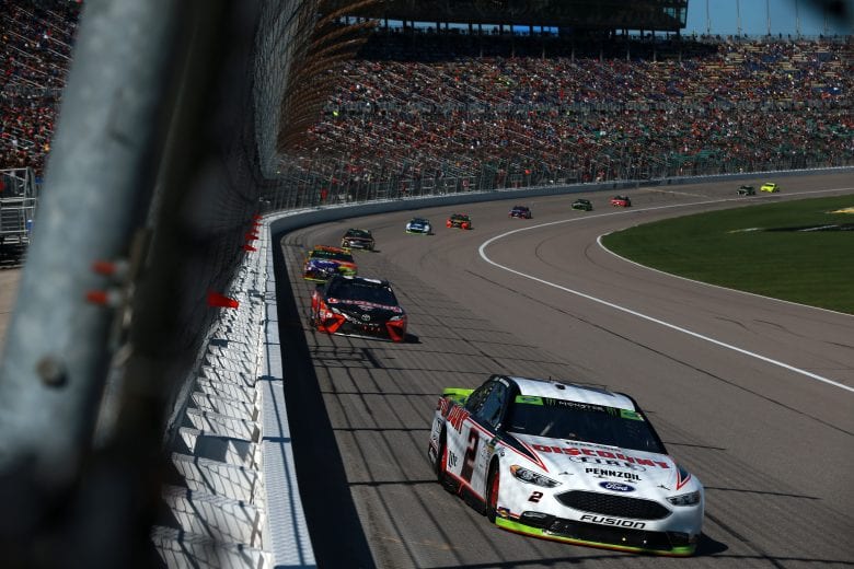 KANSAS CITY, KS - OCTOBER 21: Brad Keselowski, driver of the #2 Discount Tire Ford, leads a pack of cars during the Monster Energy NASCAR Cup Series Hollywood Casino 400 at Kansas Speedway on October 21, 2018 in Kansas City, Kansas. (Photo by Matt Sullivan/Getty Images) | Getty Images