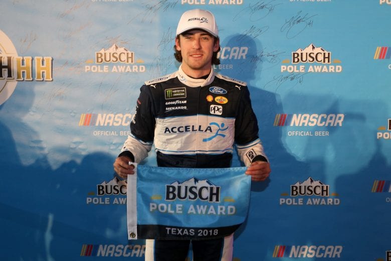 FORT WORTH, TX - NOVEMBER 02:  Ryan Blaney, driver of the #12 Accella/Carlisle Ford, poses for a photo after winning the pole award during qualifying for the Monster Energy NASCAR Cup Series AAA Texas 500 at Texas Motor Speedway on November 2, 2018 in Fort Worth, Texas.  (Photo by Brian Lawdermilk/Getty Images) | Getty Images