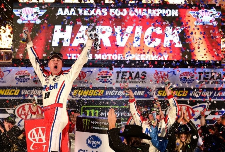 FORT WORTH, TX - NOVEMBER 04:  Kevin Harvick, driver of the #4 Mobil 1 Ford, celebrates in victory lane after winning the Monster Energy NASCAR Cup Series AAA Texas 500 at Texas Motor Speedway on November 4, 2018 in Fort Worth, Texas.  (Photo by Jared C. Tilton/Getty Images) | Getty Images