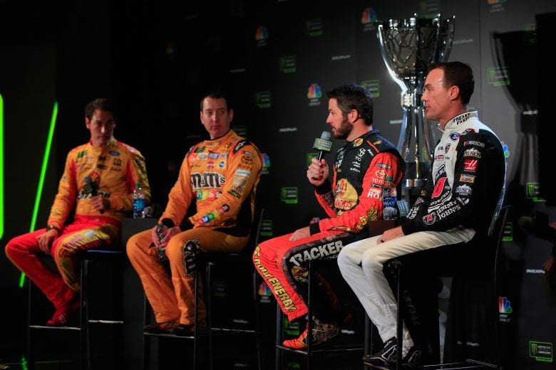 Joey Logano, Kyle Busch, Martin Truex Jr. and Kevin Harvicktalk to the media during Championship 4 media day in Miami Beach.