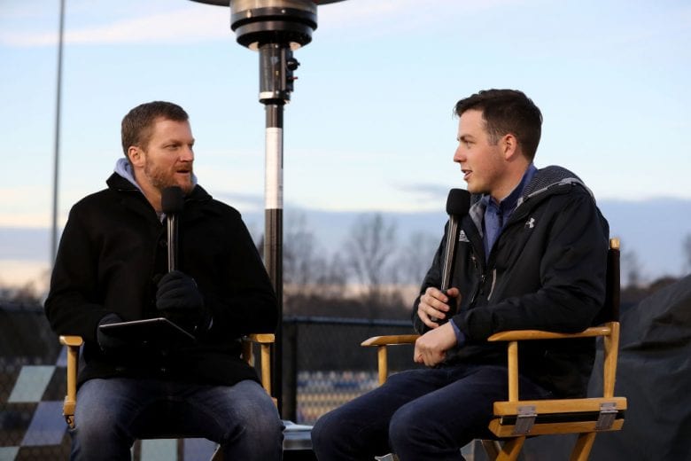 MOORESVILLE, NC - DECEMBER 06: (L-R) Dale Earnhardt Jr. and Alex Bowman interact with fans and media during the Nationwide 2019 Paint Scheme Reveal at GoPro Motorplex on December 6, 2018 in Mooresville, North Carolina. (Photo by Streeter Lecka/Getty Images) | Getty Images