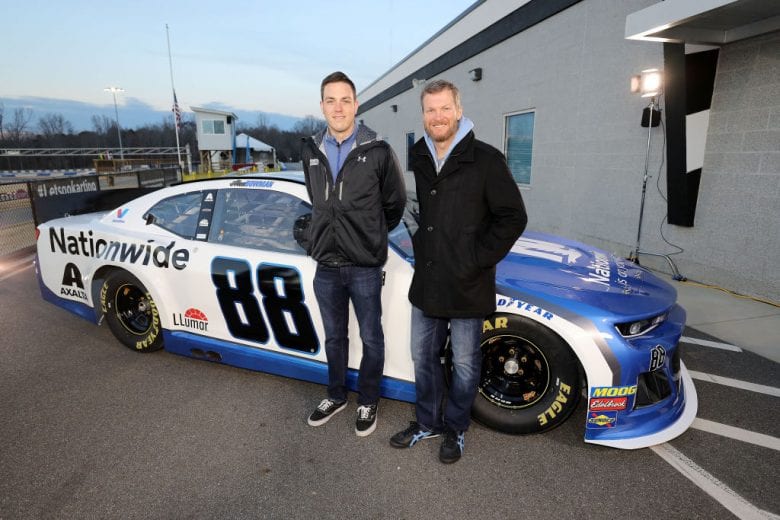 MOORESVILLE, NC - DECEMBER 06: (L-R) Alex Bowman and Dale Earnhardt Jr. and pose with the #88 car during the Nationwide 2019 Paint Scheme Reveal at GoPro Motorplex on December 6, 2018 in Mooresville, North Carolina. (Photo by Streeter Lecka/Getty Images) | Getty Images