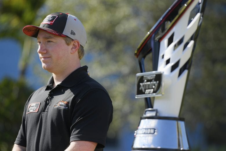 ORLANDO, FLORIDA - NOVEMBER 27: 2018 NASCAR Xfinity Series Champion Tyler Reddick stands with his trophy at Universal Orlando Resort on November 27, 2018 in Orlando, Florida. (Photo by Julio Aguilar/Getty Images) | Getty Images