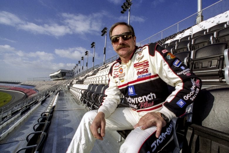 DAYTONA BEACH, FL - FEB 4, 2001 - Dale Earnhardt checks out the view from the newly completed Earnhardt Grandstand during winter testing, two weeks before the Daytona 500, at Daytona International Speedway, Daytona Beach, FL, in this file photo from February 2001. (Photo by Brian Cleary/Getty Images)