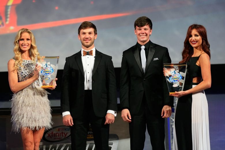 HOLLYWOOD, FL - NOVEMBER 23: Drivers Daniel Suarez (L) and Erik Jones (R) receive Sunoco Rookie of the Year awards during the NASCAR Camping World Truck Series and XFINITY Series Banquet at the Westin Diplomat on November 23, 2015 in Hollywood, Florida. (Photo by Chris Trotman/NASCAR via Getty Images)