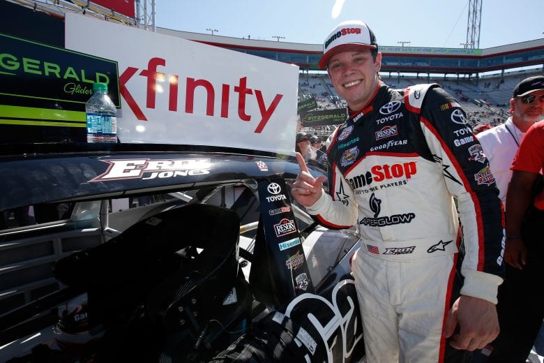 BRISTOL, TN - APRIL 16: Erik Jones, driver of the #20 Gamestop/Performance Designed Products Toyota, poses with the Winner's Decal in Victory Lane after winning the NASCAR XFINITY Series Fitzgerald Glider Kits 300 at Bristol Motor Speedway on April 16, 2016 in Bristol, Tennessee. (Photo by Todd Warshaw/NASCAR via Getty Images)