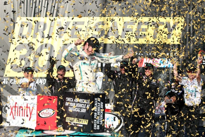JOLIET, IL - SEPTEMBER 17: Erik Jones, driver of the #20 Hisense Toyota, celebrates in Victory Lane after winning the NASCAR XFINITY Series Drive for Safety 300 at Chicagoland Speedway on September 17, 2016 in Joliet, Illinois. (Photo by Kena Krutsinger/Getty Images) | Getty Images