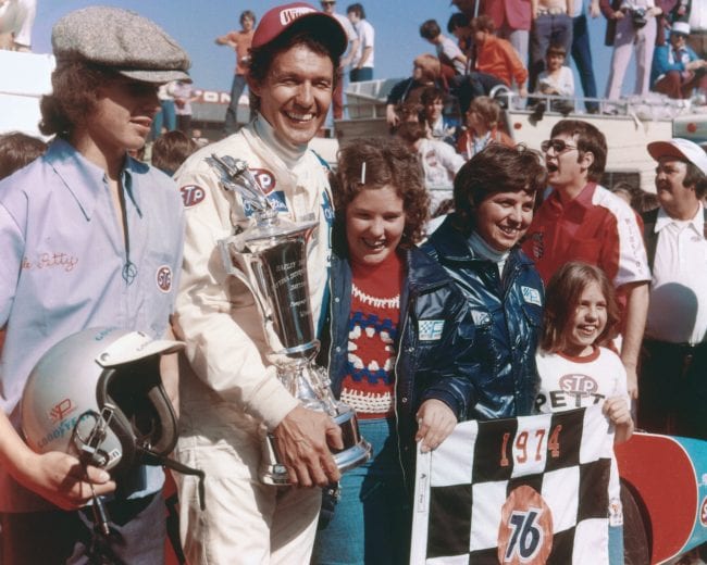 DAYTONA BEACH, FL - FEBRUARY 17, 1974: Richard Petty celebrates with son Kyle Petty and the rest of his family after winning the 1974 Daytona 500 on February 17, 1974 at the Daytona International Speedway in Daytona Beach, Florida. Kyle Petty would go on to make his Winston Cup debut in 1979. (Photo by ISC Archives via Getty Images)