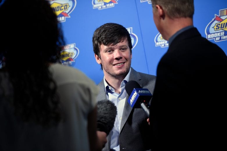 LAS VEGAS, NV - NOVEMBER 29: Erik Jones speaks with the media following the NASCAR NMPA Myers Brothers Awards at the Encore Theater at Wynn Las Vegas on November 29, 2017 in Las Vegas, Nevada. (Photo by David Becker/Getty Images) | Getty Images