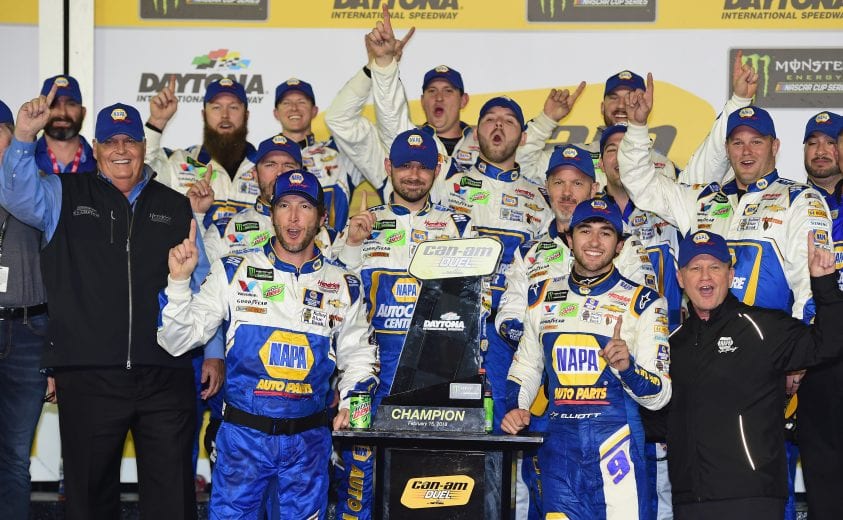 DAYTONA BEACH, FL - FEBRUARY 15: Chase Elliott, driver of the #9 NAPA Auto Parts Chevrolet, celebrates with crew members and team owner, Rick Hendrick, in Victory Lane after winning the Monster Energy NASCAR Cup Series Can-Am Duel 2 at Daytona International Speedway on February 15, 2018 in Daytona Beach, Florida. (Photo by Jared C. Tilton/Getty Images) | Getty Images