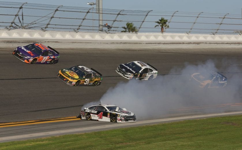 DAYTONA BEACH, FL - FEBRUARY 18: Kevin Harvick, driver of the #4 Jimmy John's Ford, has an on track incident during the Monster Energy NASCAR Cup Series 60th Annual Daytona 500 at Daytona International Speedway on February 18, 2018 in Daytona Beach, Florida.  (Photo by Jerry Markland/Getty Images) | Getty Images