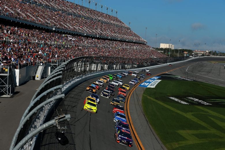 DAYTONA BEACH, FL - FEBRUARY 18: Denny Hamlin, driver of the #11 FedEx Express Toyota, leads a pack of cars during the Monster Energy NASCAR Cup Series 60th Annual Daytona 500 at Daytona International Speedway on February 18, 2018 in Daytona Beach, Florida.  (Photo by Sean Gardner/Getty Images) | Getty Images