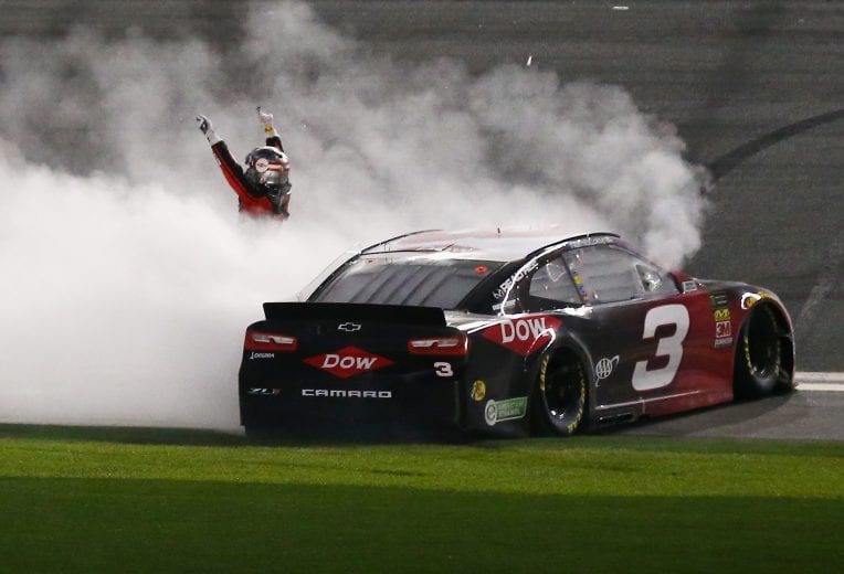 DAYTONA BEACH, FL - FEBRUARY 18:  Austin Dillon, driver of the #3 DOW Chevrolet, celebrates winning the Monster Energy NASCAR Cup Series 60th Annual Daytona 500 at Daytona International Speedway on February 18, 2018 in Daytona Beach, Florida.  (Photo by Sarah Crabill/Getty Images) | Getty Images