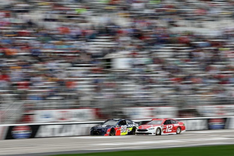 HAMPTON, GA - FEBRUARY 25:  Alex Bowman, driver of the #88 Axalta Chevrolet, races Ryan Blaney, driver of the #12 DEX Imaging Ford, during the Monster Energy NASCAR Cup Series Folds of Honor QuikTrip 500 at Atlanta Motor Speedway on February 25, 2018 in Hampton, Georgia.  (Photo by Jerry Markland/Getty Images) | Getty Images