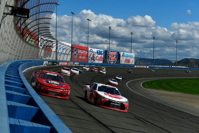 FONTANA, CA - MARCH 17:  Ryan Preece, driver of the #18 Rheem Toyota, leads Ross Chastain, driver of the #4 Daley Technology Systems Chevrolet, during the NASCAR Xfinity Series Roseanne 300 at Auto Club Speedway on March 17, 2018 in Fontana, California.  (Photo by Robert Laberge/Getty Images) | Getty Images