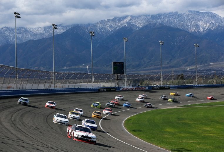 FONTANA, CA - MARCH 17:  Joey Logano, driver of the #22 Discount Tire Ford, leads the field during the NASCAR Xfinity Series Roseanne 300 at Auto Club Speedway on March 17, 2018 in Fontana, California.  (Photo by Jonathan Ferrey/Getty Images) | Getty Images
