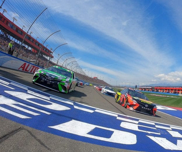 FONTANA, CA - MARCH 18:  Martin Truex Jr., driver of the #78 Bass Pro Shops/5-hour ENERGY Toyota, and Kyle Busch, driver of the #18 Interstate Batteries Toyota, pace the field prior to the start of the Monster Energy NASCAR Cup Series Auto Club 400 at Auto Club Speedway on March 18, 2018 in Fontana, California.  (Photo by Sarah Crabill/Getty Images) | Getty Images