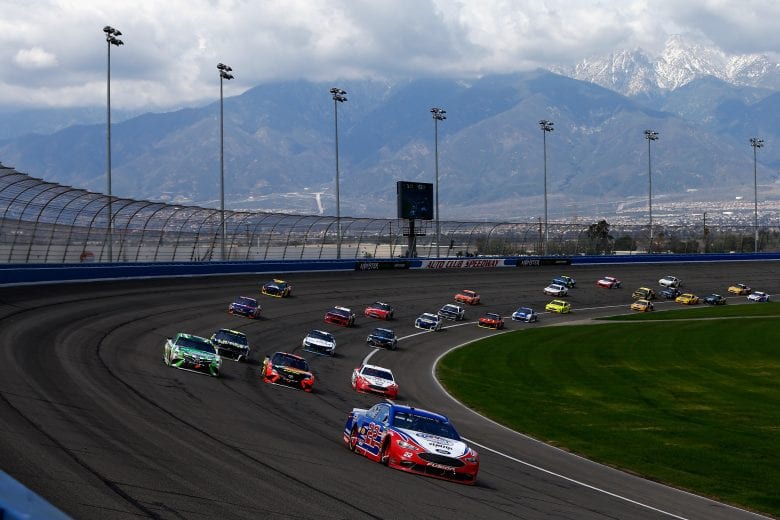 Joey Logano sets the pace at Auto Club Speedway.
